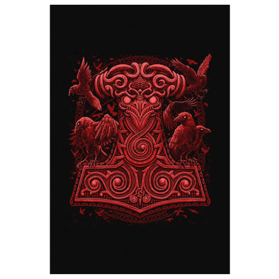 Mjölnir Red Thors Raven Hammer Canvas ArtCanvas Wall Art 28 x 12