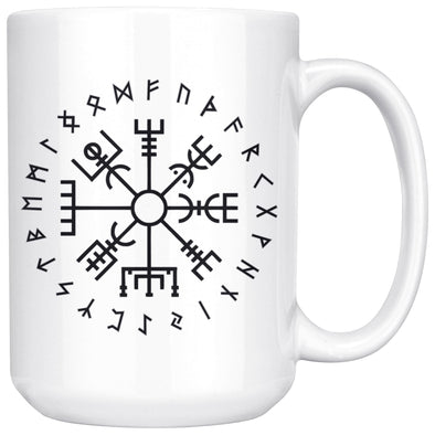 Norse Vegvisir Elder Futhark Runes White Ceramic Coffee Mug 15ozDrinkwareBlack Design