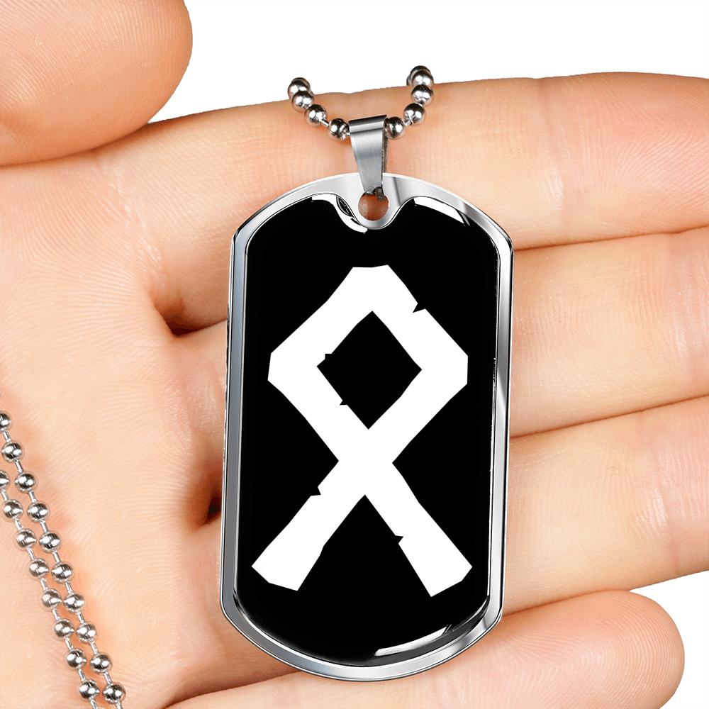 Othala Odal Norse Viking Elder Futhark Rune Dog Tag Pendant Necklace Blue Pagan