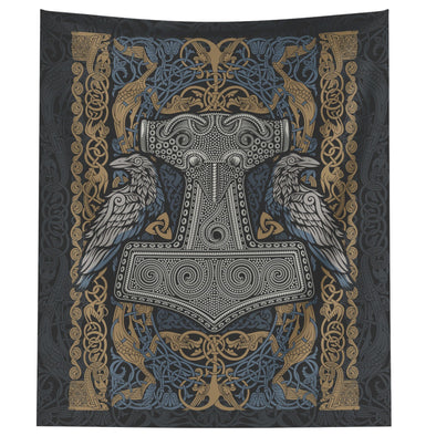 Raven Mjolnir tapestry gold blueWall Art80" X 68"