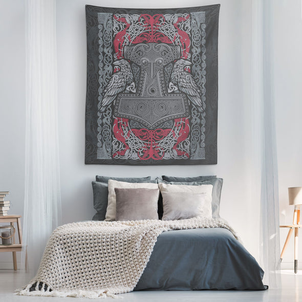 Thors Hammer Raven Knotwork Wall TapestryTapestries