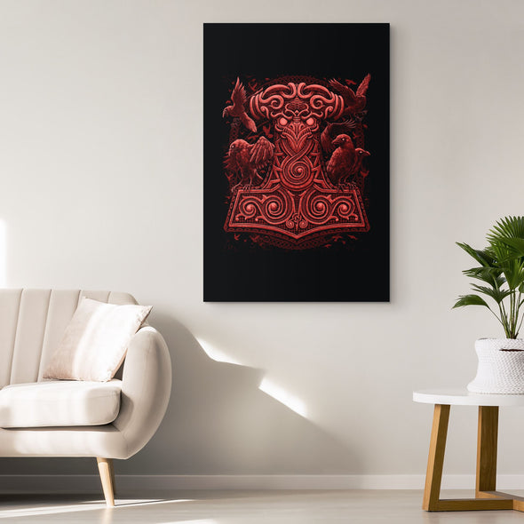 Mjölnir Red Thors Raven Hammer Canvas ArtCanvas Wall Art 2