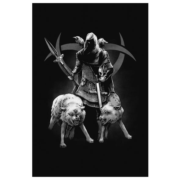 Norse Odin Wolves Ravens Triple Horn Canvas ArtCanvas Wall Art 28 x 12