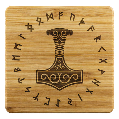 Norse Thors Hammer Mjolnir Elder Futhark Runes Bamboo Coasters 4piece SetCoastersBamboo Coaster - 4pc