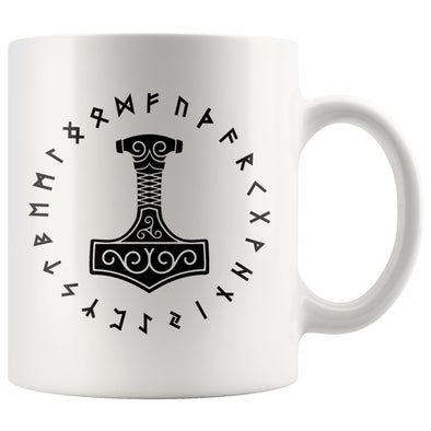 Norse Thors Hammer Mjolnir Runes White Ceramic Coffee Mug 11ozDrinkwareBlack Design