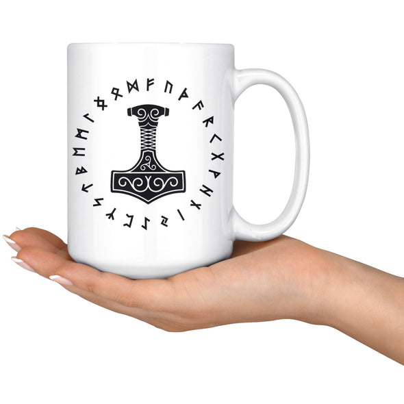 Norse Thors Hammer Mjolnir Runes White Ceramic Coffee Mug 15ozDrinkware