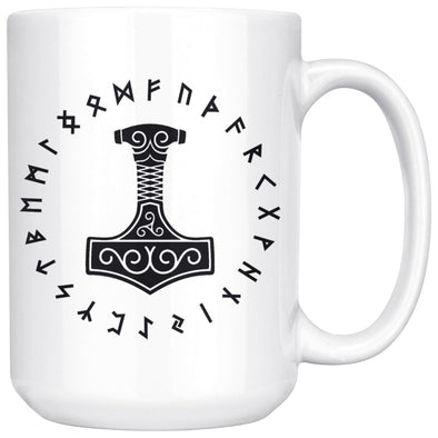 Norse Thors Hammer Mjolnir Runes White Ceramic Coffee Mug 15ozDrinkwareBlack Design