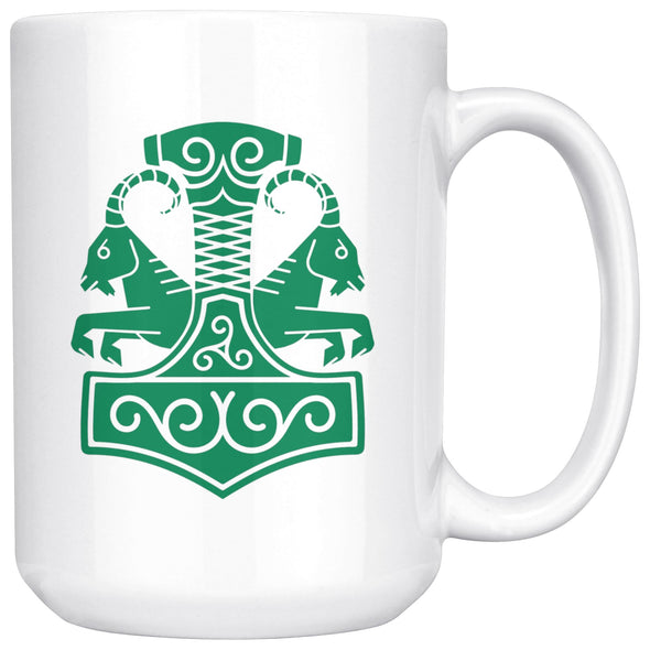 Norse Thor´s Hammer Mjolnir Viking Tanngrisnir Tanngnjóstr White Ceramic Coffee Mug 15ozDrinkwareGreen Design