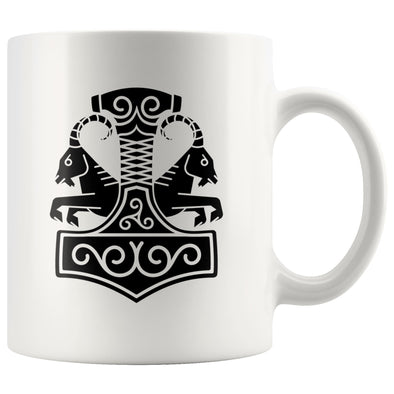 Norse Thor´s Hammer Mjolnir Viking Tanngrisnir Tanngnjóstr White Ceramic Coffee MugDrinkwareBlack Design
