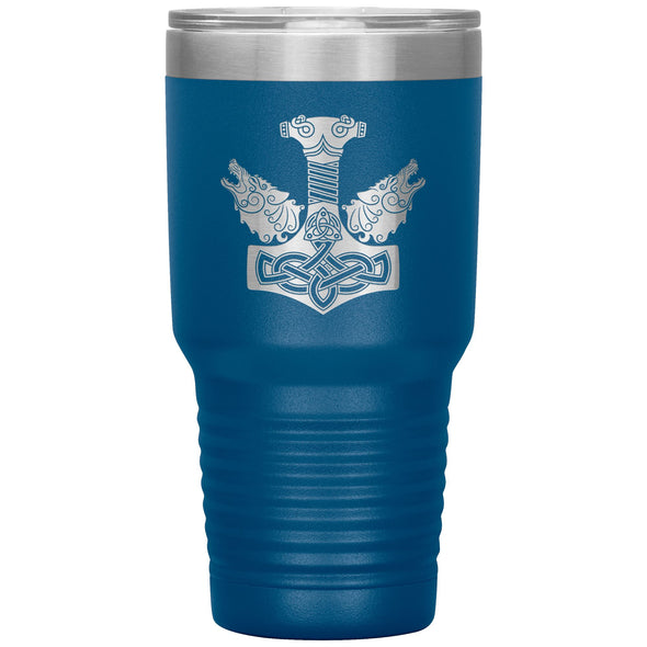 Norse Thors Hammer Mjolnir Wolves Viking Etched Tumbler 30ozTumblersBlue