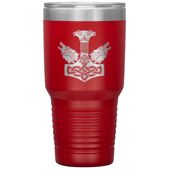 Norse Thors Hammer Mjolnir Wolves Viking Etched Tumbler 30ozTumblersRed