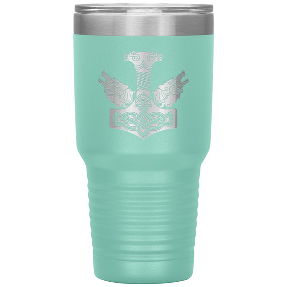 Norse Thors Hammer Mjolnir Wolves Viking Etched Tumbler 30ozTumblersTeal