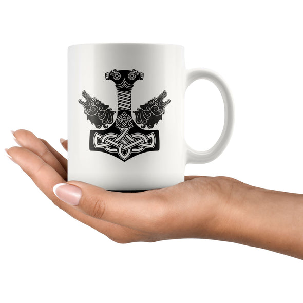 Norse Thors Hammer Mjolnir Wolves Viking White Ceramic Coffee Mug 11ozDrinkware