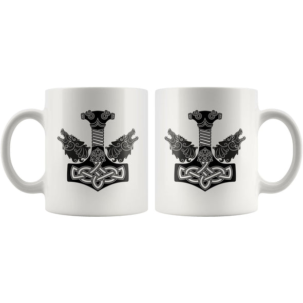 Norse Thors Hammer Mjolnir Wolves Viking White Ceramic Coffee Mug 11ozDrinkware