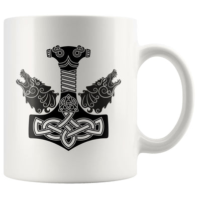 Norse Thors Hammer Mjolnir Wolves Viking White Ceramic Coffee Mug 11ozDrinkwareBlack Design