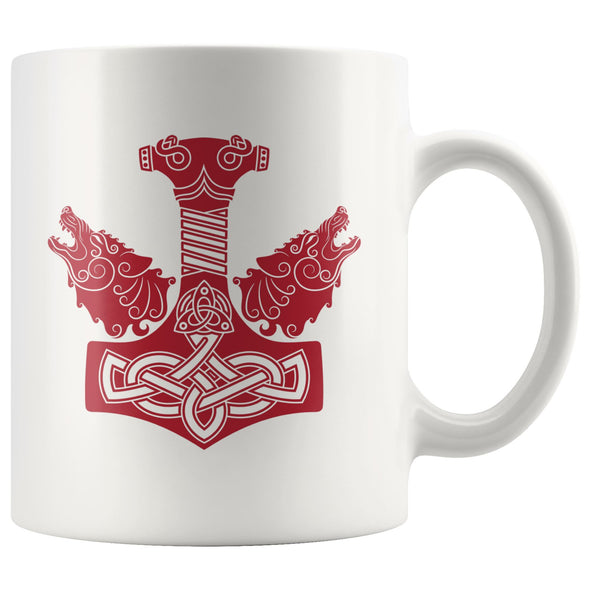 Norse Thors Hammer Mjolnir Wolves Viking White Ceramic Coffee Mug 11ozDrinkwareRed Design