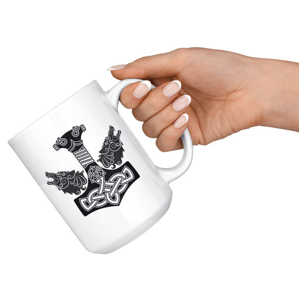Norse Thors Hammer Mjolnir Wolves Viking White Ceramic Coffee Mug 15ozDrinkware