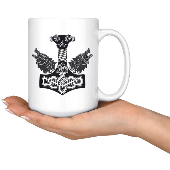 Norse Thors Hammer Mjolnir Wolves Viking White Ceramic Coffee Mug 15ozDrinkware