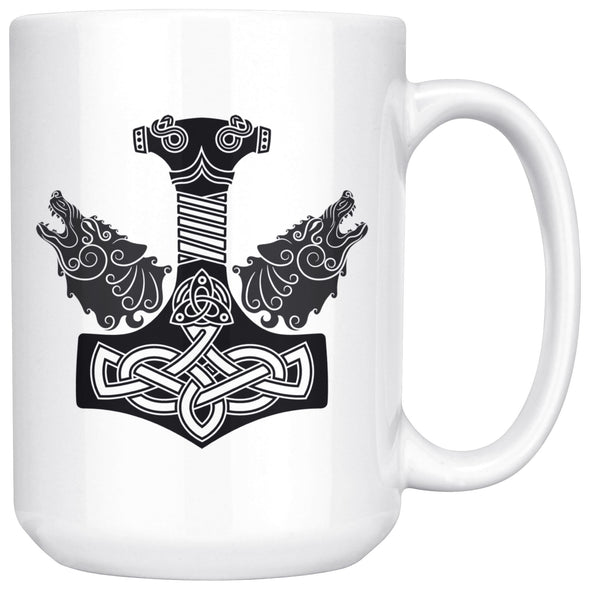 Norse Thors Hammer Mjolnir Wolves Viking White Ceramic Coffee Mug 15ozDrinkwareBlack Design