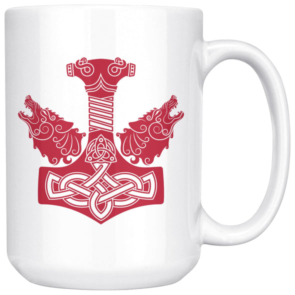 Norse Thors Hammer Mjolnir Wolves Viking White Ceramic Coffee Mug 15ozDrinkwareRed Design