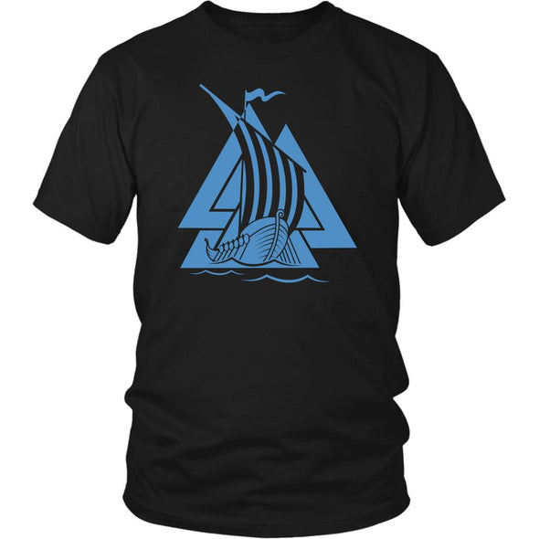 Norse Valknut Blue Viking Ship Cotton T-ShirtT-shirtDistrict Unisex ShirtBlackS