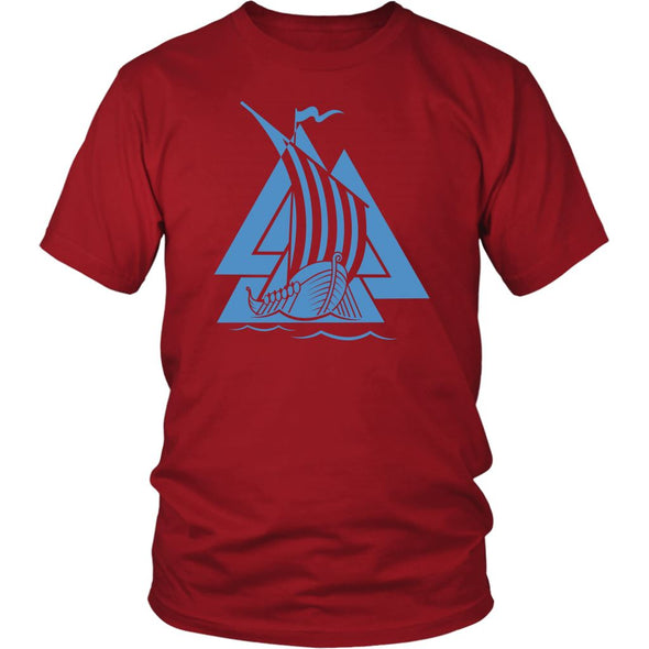 Norse Valknut Blue Viking Ship Cotton T-ShirtT-shirtDistrict Unisex ShirtRedS