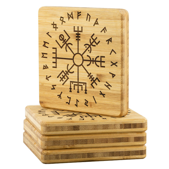 Norse Vegvisir Elder Futhark Runes Bamboo Coaster 4piece SetCoasters