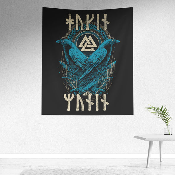 Odin Raven Huginn Muninn Runes Viking Wall Tapestry Norse Mythology Pagan Nordic ArtWall Art