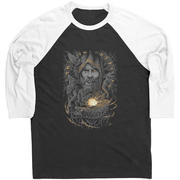 Odin Viking Norse Mythology Raglan Shirt Pagan Nordic TeeApparelBlack/ WhiteS