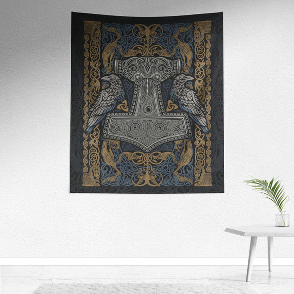 Raven Mjolnir tapestry gold blueWall Art