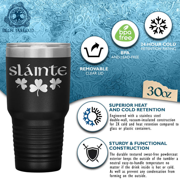 Slainte Irish Gaelic Toast Shamrocks Etched Tumbler 30ozTumblers