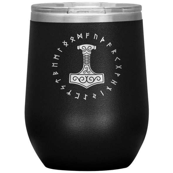 Thors Hammer Mjolnir Norse Futhark Viking Runes Etched Tumbler 12ozWine TumblerBlack