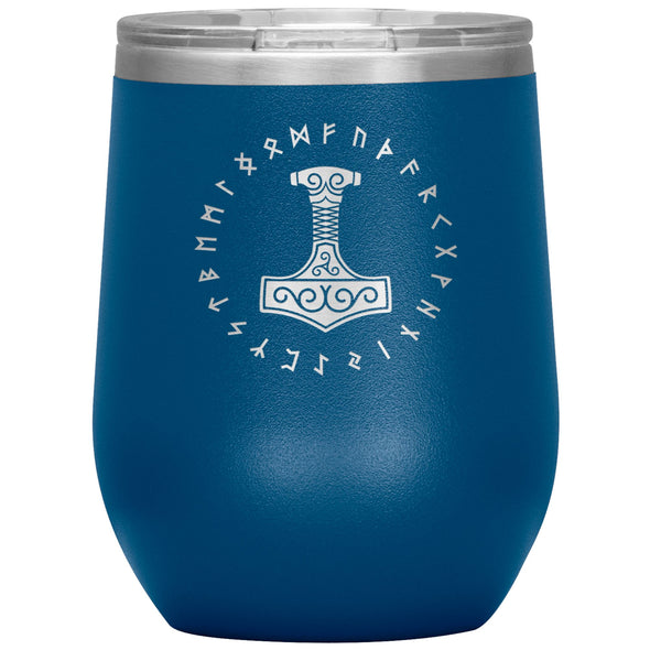 Thors Hammer Mjolnir Norse Futhark Viking Runes Etched Tumbler 12ozWine TumblerBlue