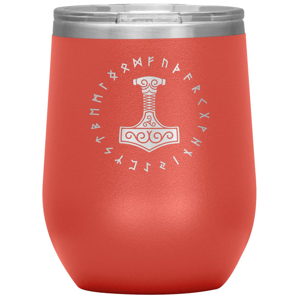 Thors Hammer Mjolnir Norse Futhark Viking Runes Etched Tumbler 12ozWine TumblerCoral