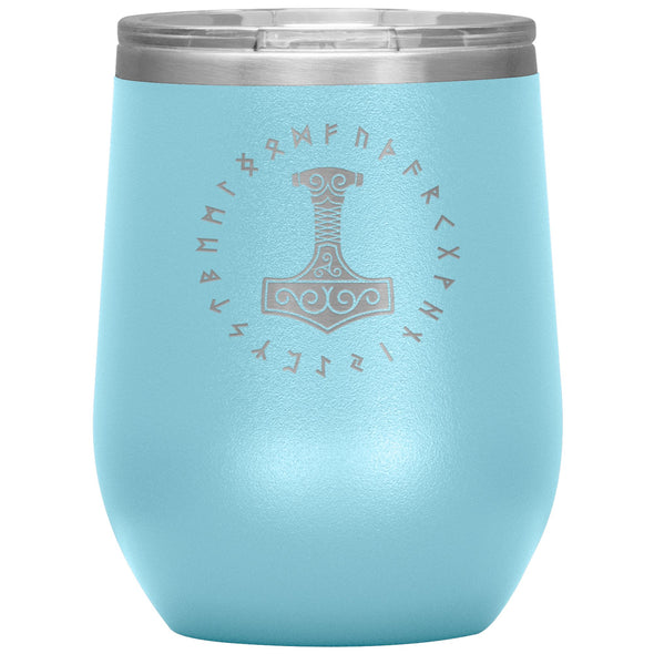 Thors Hammer Mjolnir Norse Futhark Viking Runes Etched Tumbler 12ozWine TumblerLight Blue