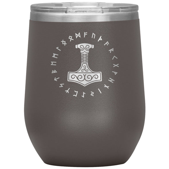 Thors Hammer Mjolnir Norse Futhark Viking Runes Etched Tumbler 12ozWine TumblerPewter