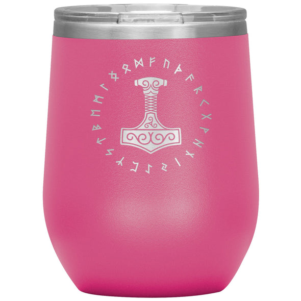 Thors Hammer Mjolnir Norse Futhark Viking Runes Etched Tumbler 12ozWine TumblerPink