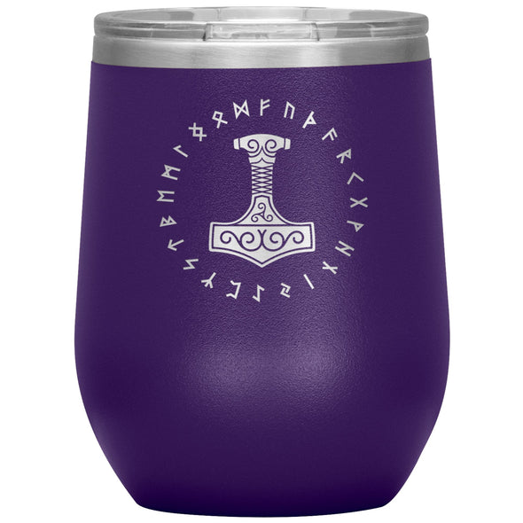 Thors Hammer Mjolnir Norse Futhark Viking Runes Etched Tumbler 12ozWine TumblerPurple