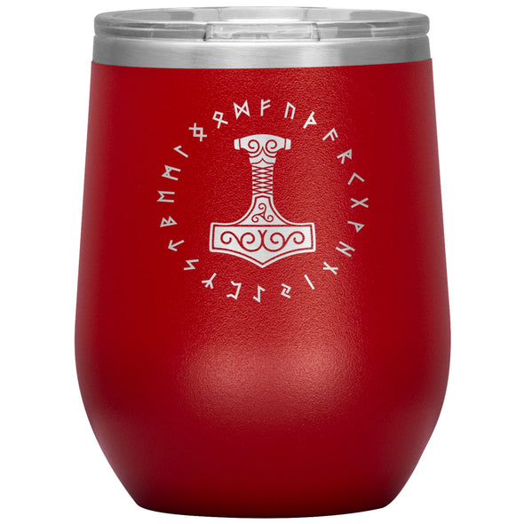 Thors Hammer Mjolnir Norse Futhark Viking Runes Etched Tumbler 12ozWine TumblerRed