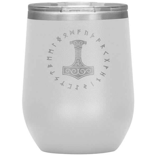 Thors Hammer Mjolnir Norse Futhark Viking Runes Etched Tumbler 12ozWine TumblerWhite