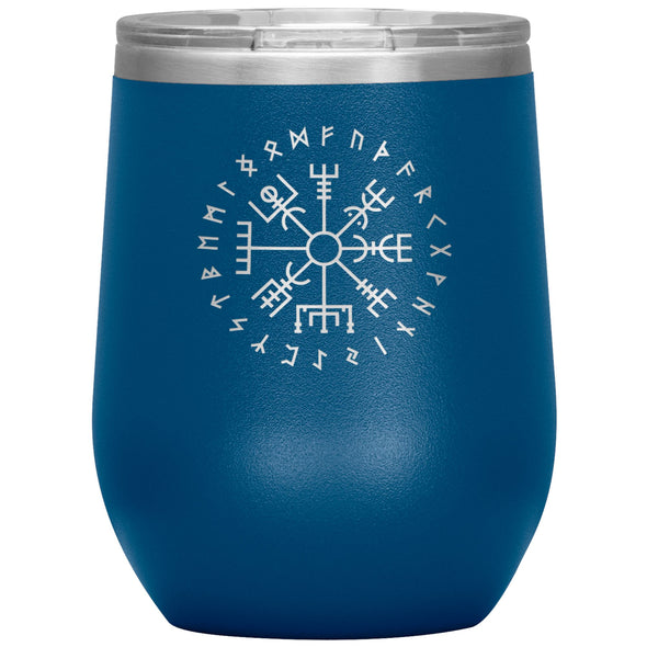 Vegvisir Norse Viking Compass Elder Futhark Runes Etched Tumbler 12ozWine TumblerBlue