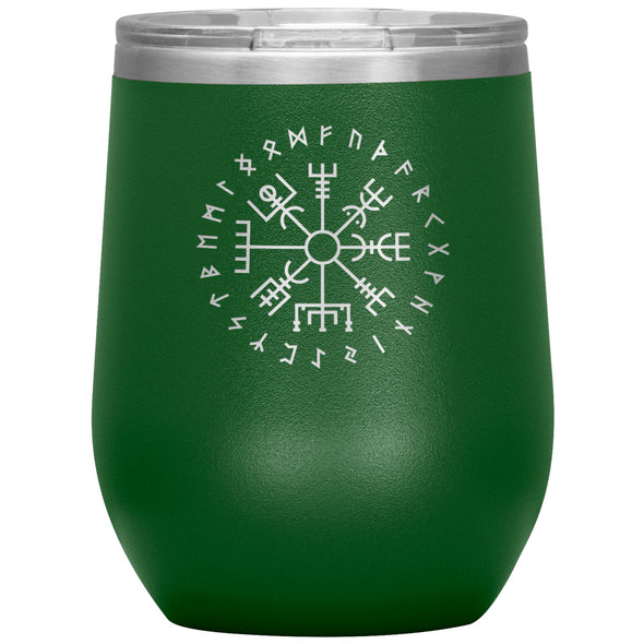 Vegvisir Norse Viking Compass Elder Futhark Runes Etched Tumbler 12ozWine TumblerGreen