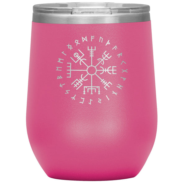 Vegvisir Norse Viking Compass Elder Futhark Runes Etched Tumbler 12ozWine TumblerPink