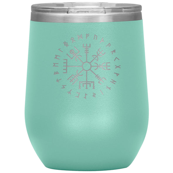 Vegvisir Norse Viking Compass Elder Futhark Runes Etched Tumbler 12ozWine TumblerTeal