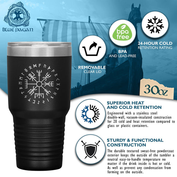 Vegvisir Norse Viking Compass Elder Futhark Runes Etched Tumbler 30ozTumblers