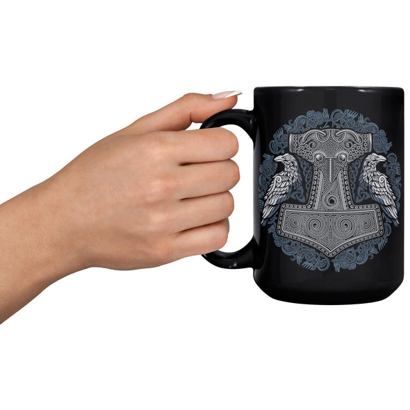 Viking Raven Thors Hammer Mjolnir Coffee Mug Nordic Pagan CupCeramic Mugs15oz Black Mug